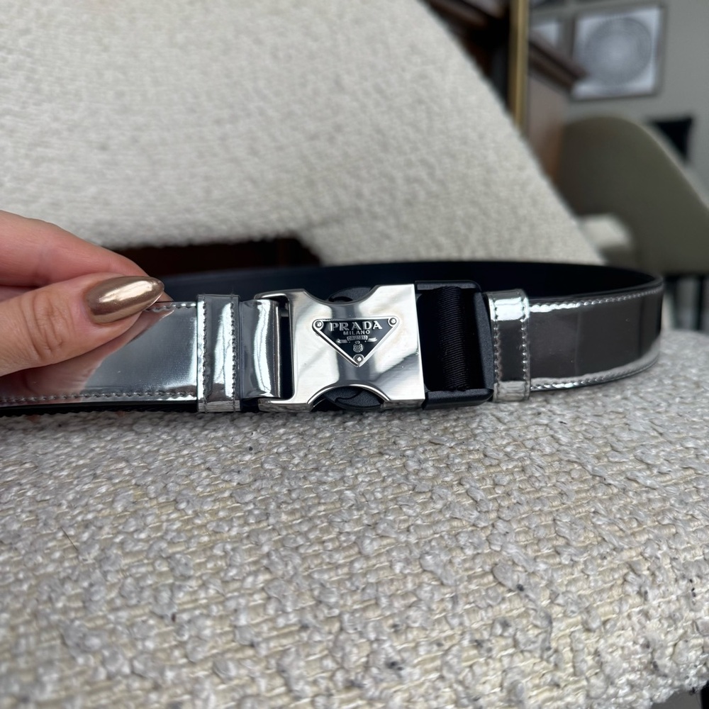 Prada Metallic Spazzolato Leather and Woven Tape Belt - Picture 6 of 10